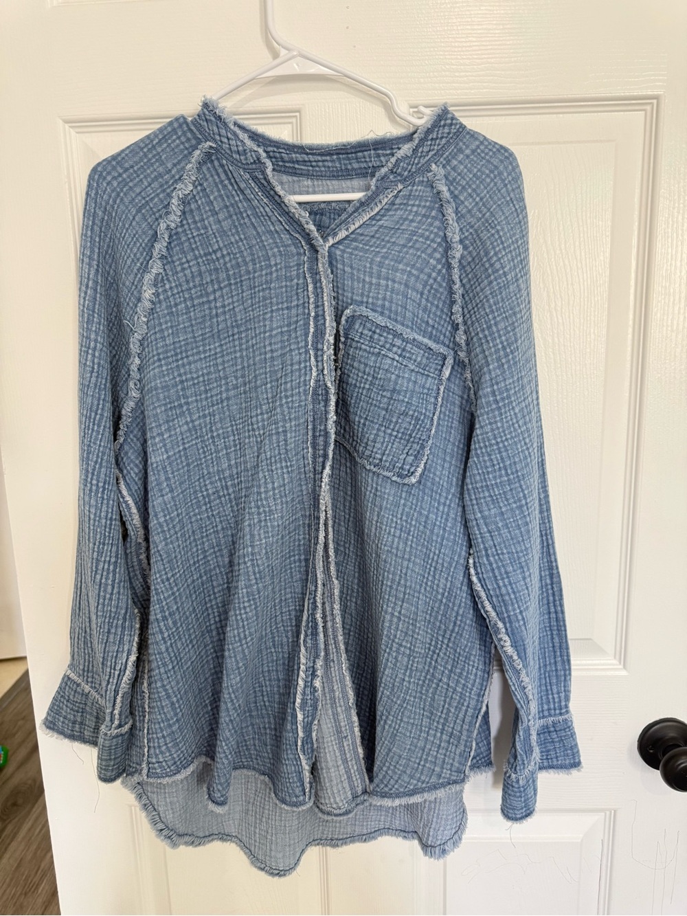 aerie Light Blue Gauze Pullover Tunic with Frayed Trim
